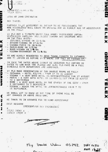 Voiculescu cere, in 1986, in plin regim dictatorial, conditii de NABAB pentru neamurile lui cu cefe rosii. Cui ii cere? "Paravanului" plasat, ca SEF, in fruntea CRESCENT!