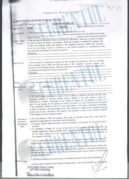 Specimenul de semnătura al lui Liviu Luca, de la Elbahold, depus la Marfin Popular Bank Public Co Ltd