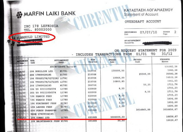 Extras de cont Elbahold. Pe 2.11.2009, din contul Elbahold au fost transferaţi, în contul Comac Ltd, 3 milioane euro