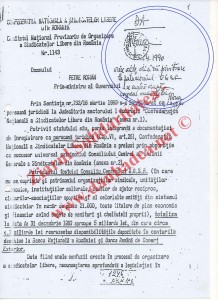 Adresa din 03.041990 cu apostila lui Roman (dreapta sus): ”orice alte decizii privitoateare la patrimoniul UGSR se amînă după congresul sindicatelor”