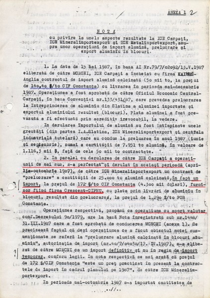 Documentul ce probează că între firma PCR (ICE Carpați) și firma SIE (Crescent) a câștigat Securitatea în paguba statului român (pag1)