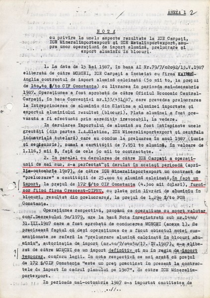 Documentul ce probează că între firma PCR (ICE Carpați) și firma SIE (Crescent) a câștigat Securitatea în paguba statului român (pag1)