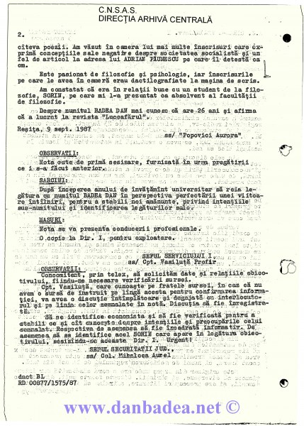 9 sept. 1987: NOTA ”coristei” din Reșița, de la care a început totul. Sunt descris ca un fanatic dispus să comită un atentat și să participe la schimbarea ”regimului de la București”. (pag.2)