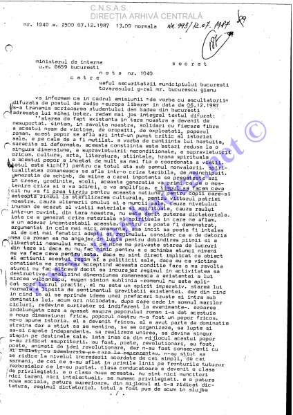 Scrisoarea semantă de mine si difuzată la Europa Liberă pe 6 decembrie 1987, fiind citită de Ioana Măgură Bernard și Vlad Georgescu (pag1)