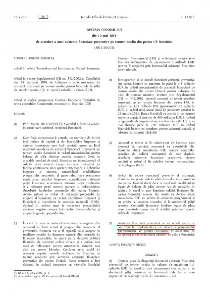 Decizia Consiliului UE din 12 mai 2011, de acordare a unei asistențe financiare preventive pe termen mediu din partea UE României (pag1)