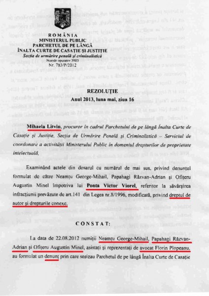 Rezoluția de NUP împotriva lui Ponta pentru denuntul privind încălcarea legii drepturilor de autor în cazul publicării cărții "Raspunderea in dreptul international umanitar", publicata la Editura Universul Juridic in anul 2010 și semnată de Victor Ponta si Daniela Coman