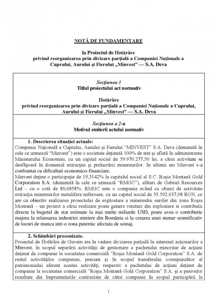 Nota de fundamentare a lui Dan Șova pentru reorganizarea MINVEST Deva - pag 1