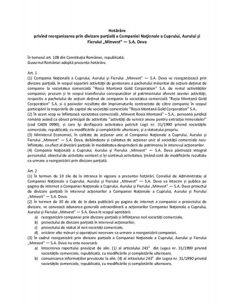 Hotărârea de reorganizare prin ”divizare” a societății MINVEST Deva SA, în stilul ”smuls” împrumutat de la ”halterofilii” din economia subterană