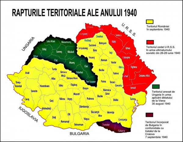 Asa arăta România (galben) în septembrie 1940 după ce a fost ciopârțită - fără a se trage un singur foc de armă împotriva inamicilor - de sovietici, unguri și bulgari cu acordul Germaniei naziste