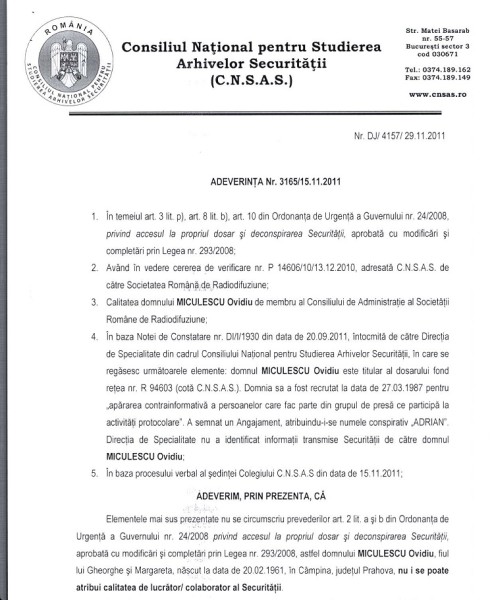 Adeverința CNSAS care confirma că Ovidiu Miculescu a semnat un Angajament cu Securitatea, sub numele conspirativ ”ADRIAN”!