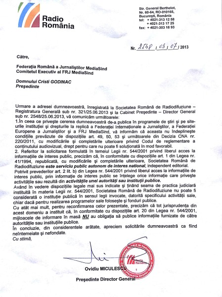 Răspunsul unui Președinte Director General al unei instituții publice, Radio România, societate plătită forțat de milioane de români și controlată de Parlament, care uită că nu lucrează la SIE, ci la SRR: Suntem serviciu public autonom de interes național, dar nu suntem instituție publică! Omul ori e ne-deștept, ori încurcă funcțiile deținute și răspunde în numele unui...serviciu care tot refuză să-l retragă din spațiul public.