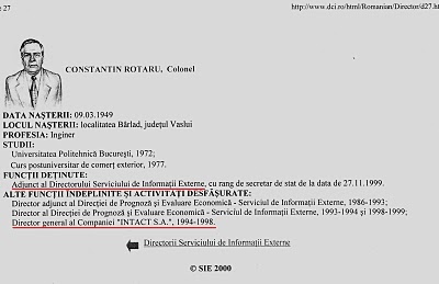 imagine postată pe site-ul SIE, privind trecutul colonelului - pe atunci - Constantin Rotaru, fostul șef al INTACT SA în aceeași perioadă cu fostul informator ”Adrian” Ovidiu Miculescu