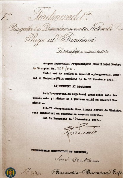 Decretul Regelui Ferdinand de Unire a Bucovinei cu Romania semnat si de Ion I. C. Bratianu, presedintele Consiliului de Ministri la 18 Decembrie 1918 (foto:www.basarabia-bucovina.info)