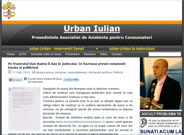 Atacul imund, execrabil, si nedrept al lui Iulian Urban la adresa mea, textul incriminat fiind semnat de catre altcineva.